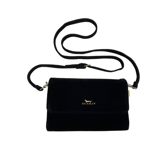 Scout Black Velvet Decker Crossbody Clutch Gold Hardware Detachable Strap Sz S - Picture 1 of 10